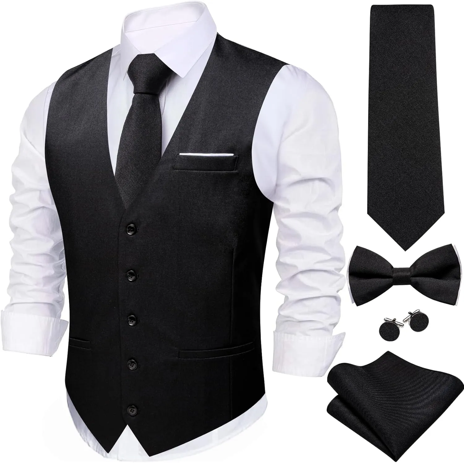 Barry.Wang Mens Suit Vest Linen Formal/Casual V-neck Waistcoat Tie Bow Tie Set Solid Color 6PC Wedding Party Tuxedo