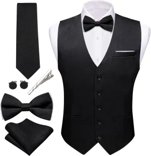 Barry.Wang Mens Suit Vest Linen Formal/Casual V-neck Waistcoat Tie Bow Tie Set Solid Color 6PC Wedding Party Tuxedo