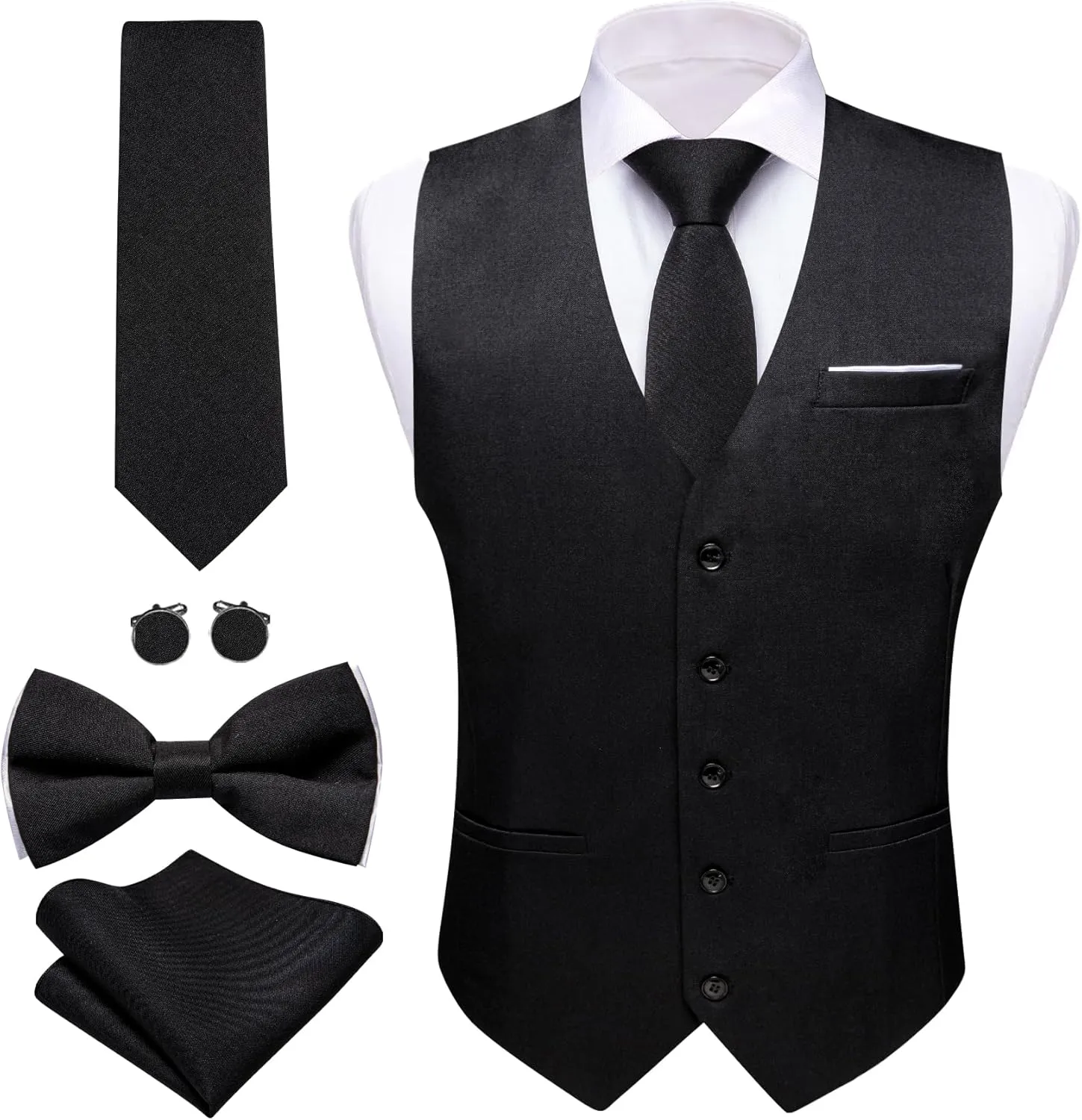 Barry.Wang Mens Suit Vest Linen Formal/Casual V-neck Waistcoat Tie Bow Tie Set Solid Color 6PC Wedding Party Tuxedo