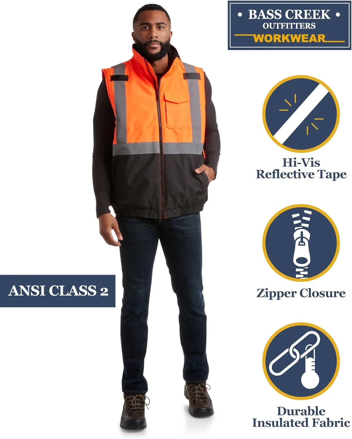 Bass Creek Outfitters Men's Safety Vest - High Visibility Workwear Insulated Construction Vest with Reflective Tape (M-XXL)