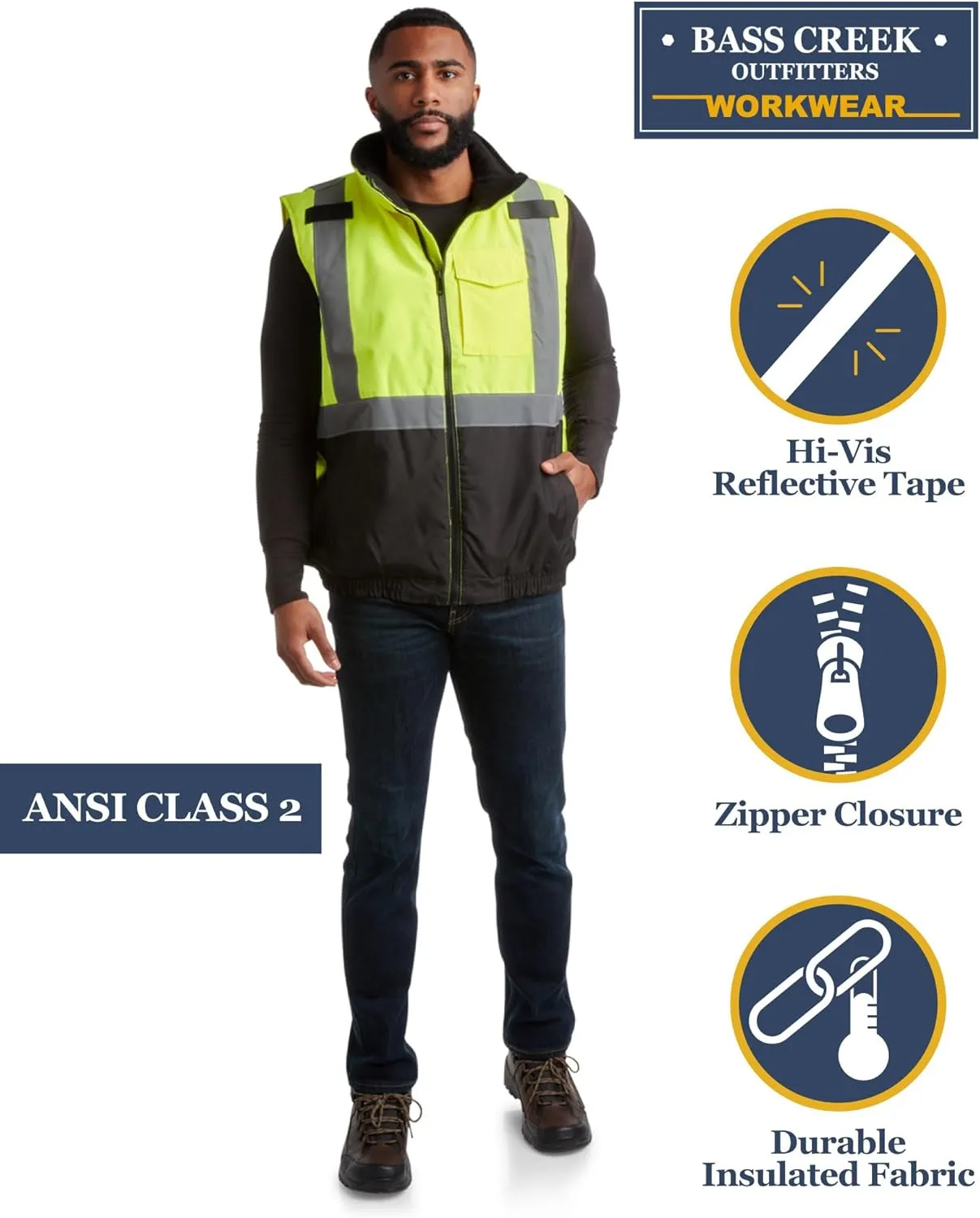 Bass Creek Outfitters Men's Safety Vest - High Visibility Workwear Insulated Construction Vest with Reflective Tape (M-XXL)