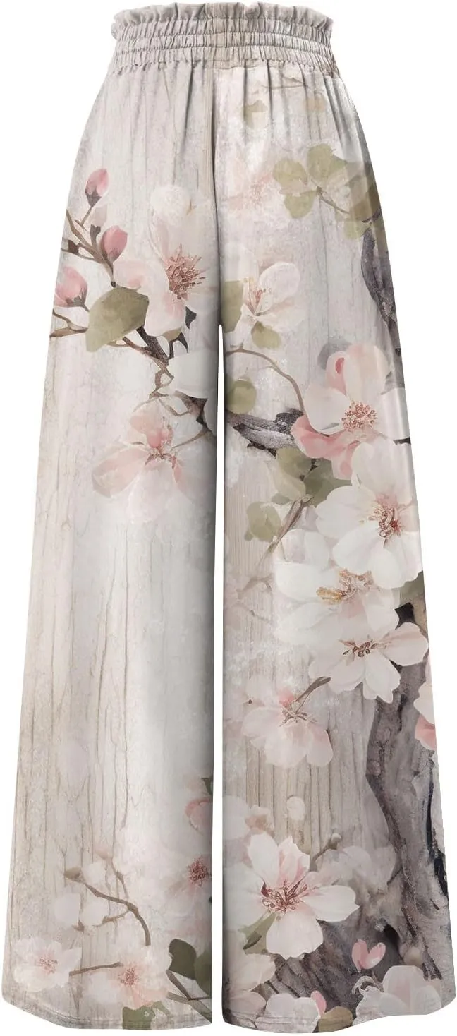 Beach Pants for Women Women Casual High Waist Wide Leg Pants Summer Floral Solid Long Palazzo Pants Lounge with Pocket
