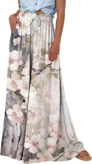 Beach Pants for Women Women Casual High Waist Wide Leg Pants Summer Floral Solid Long Palazzo Pants Lounge with Pocket