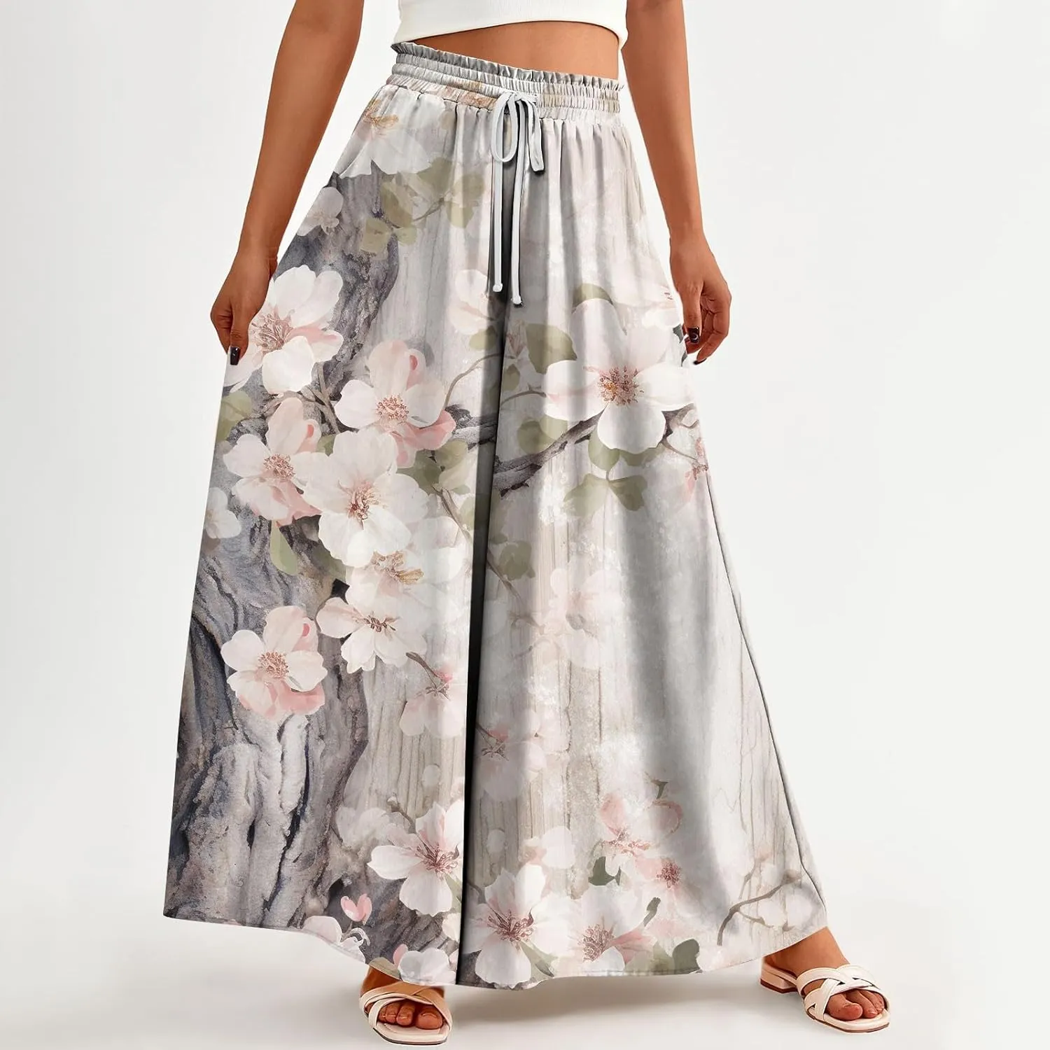 Beach Pants for Women Women Casual High Waist Wide Leg Pants Summer Floral Solid Long Palazzo Pants Lounge with Pocket