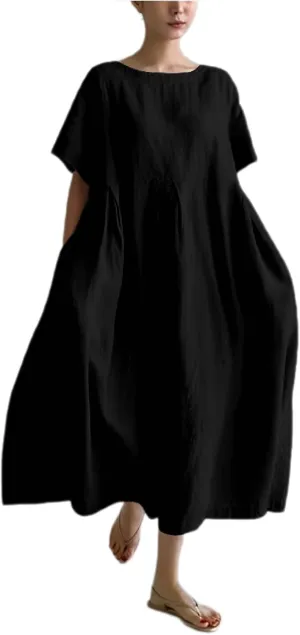 Beige Plus Size Women's Summer Maxi Floral Sun Dress - Boho Casual Cottagecore Flowy Short Sleeve Dress - X-Large