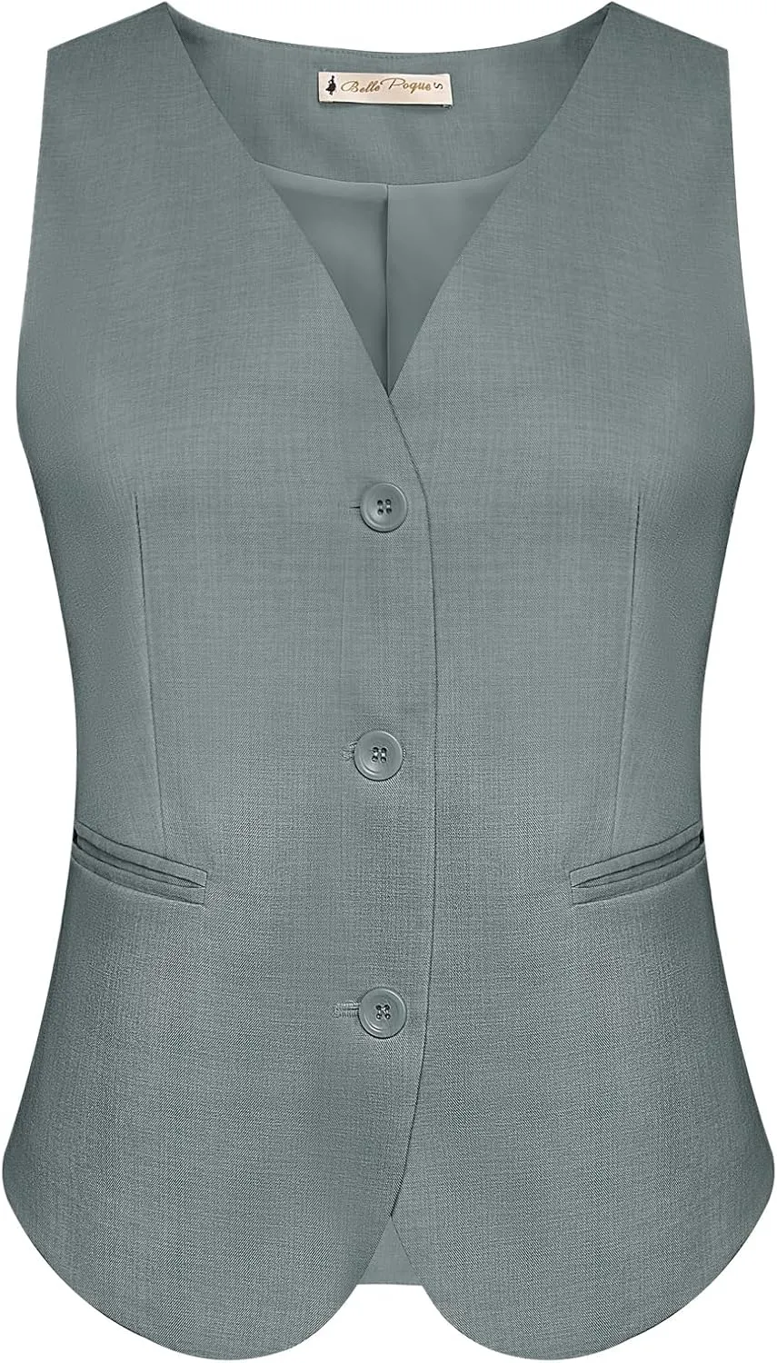 Belle Poque Women Suit Vest Button Down Dressy Vest Tops Waistcoat with Pockets