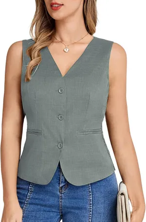 Belle Poque Women Suit Vest Button Down Dressy Vest Tops Waistcoat with Pockets