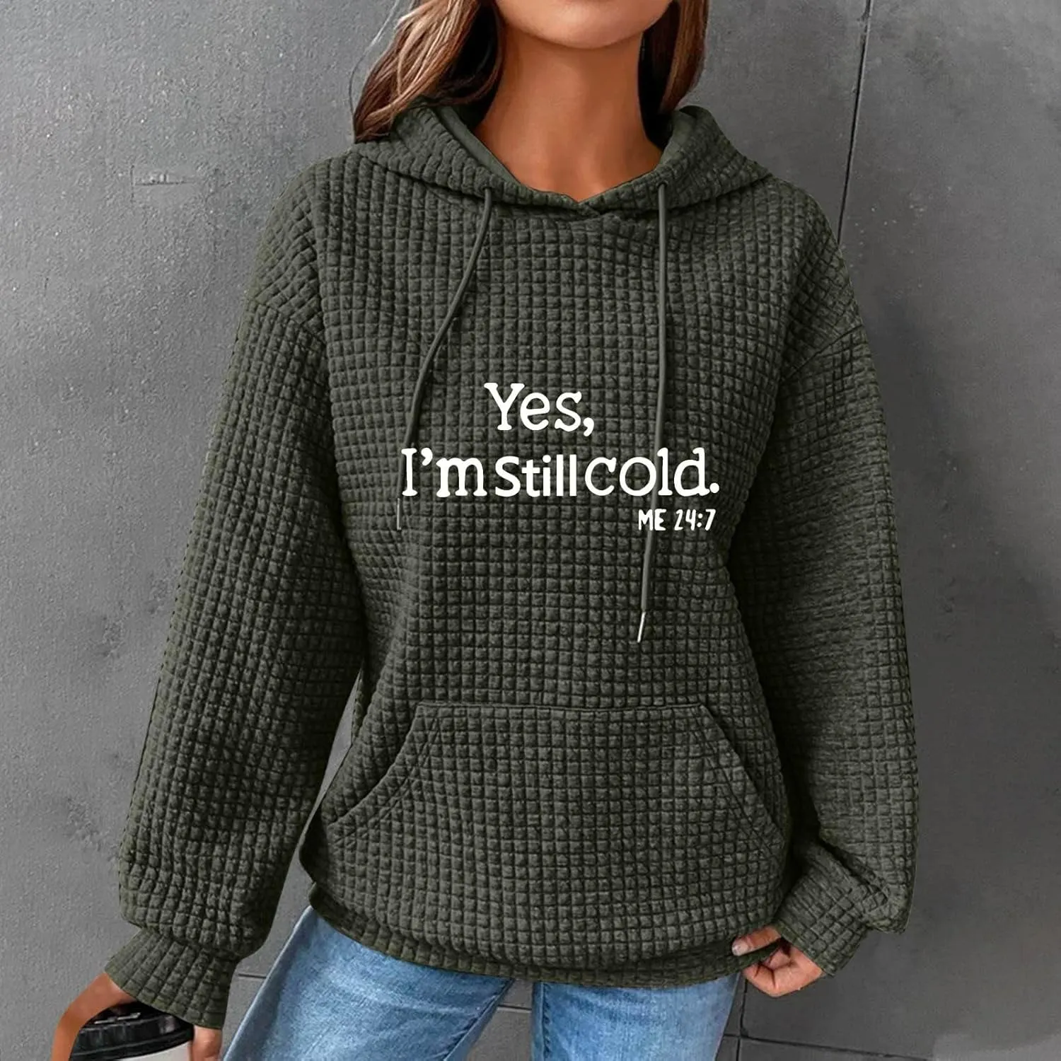 Binmer Oversized Waffle Hoodies for Womens with Sayings Yes,I'm Stil Freezing Me 24:7 Long Sleeve Sweatshirt Fall Gift Shirts