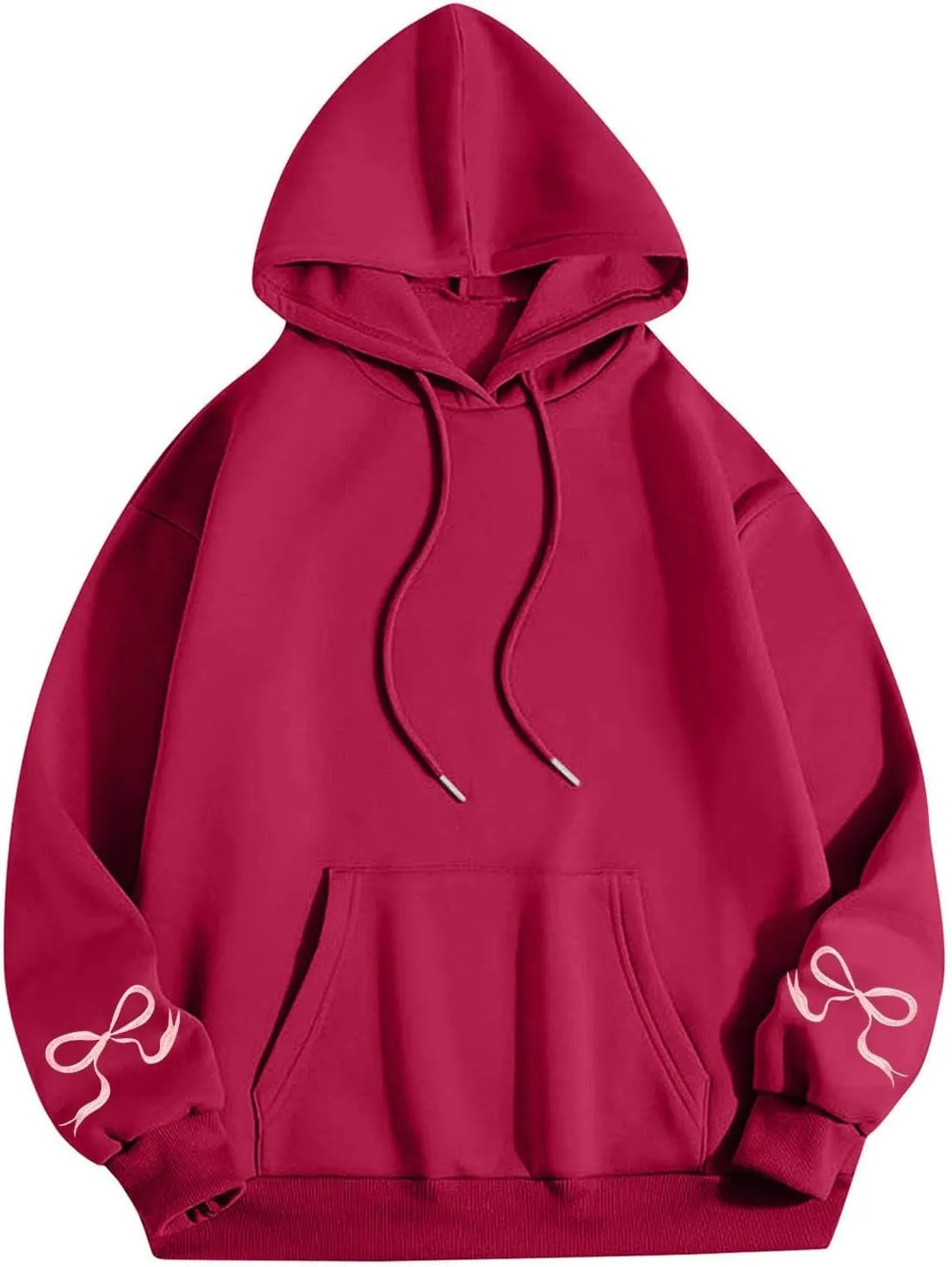 Black Oversized Hoodie Women Pink Ribbon Detail Fleece Lined Pullover Hooded Sweatshirt Drawstring Streetwear