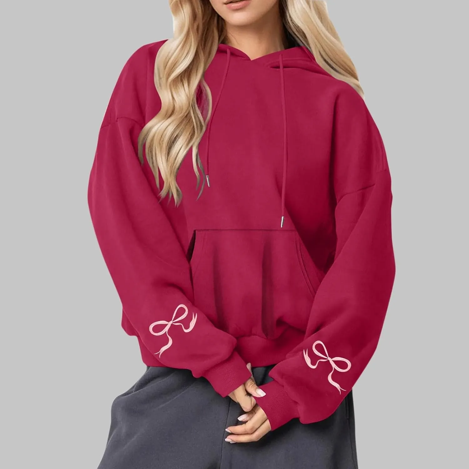 Black Oversized Hoodie Women Pink Ribbon Detail Fleece Lined Pullover Hooded Sweatshirt Drawstring Streetwear