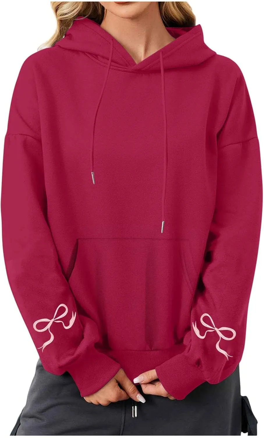 Black Oversized Hoodie Women Pink Ribbon Detail Fleece Lined Pullover Hooded Sweatshirt Drawstring Streetwear