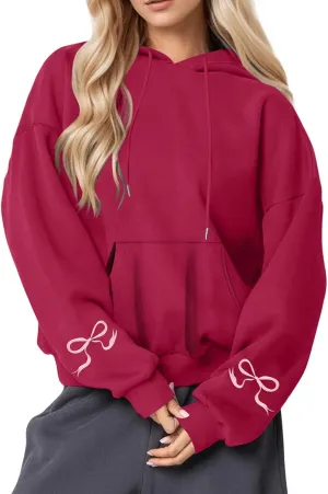 Black Oversized Hoodie Women Pink Ribbon Detail Fleece Lined Pullover Hooded Sweatshirt Drawstring Streetwear