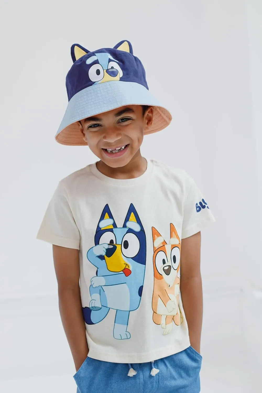 Bluey T-Shirt Chambray Shorts and Twill Bucket Sun Hat 3 Piece Outfit Set Toddler to Big Kid