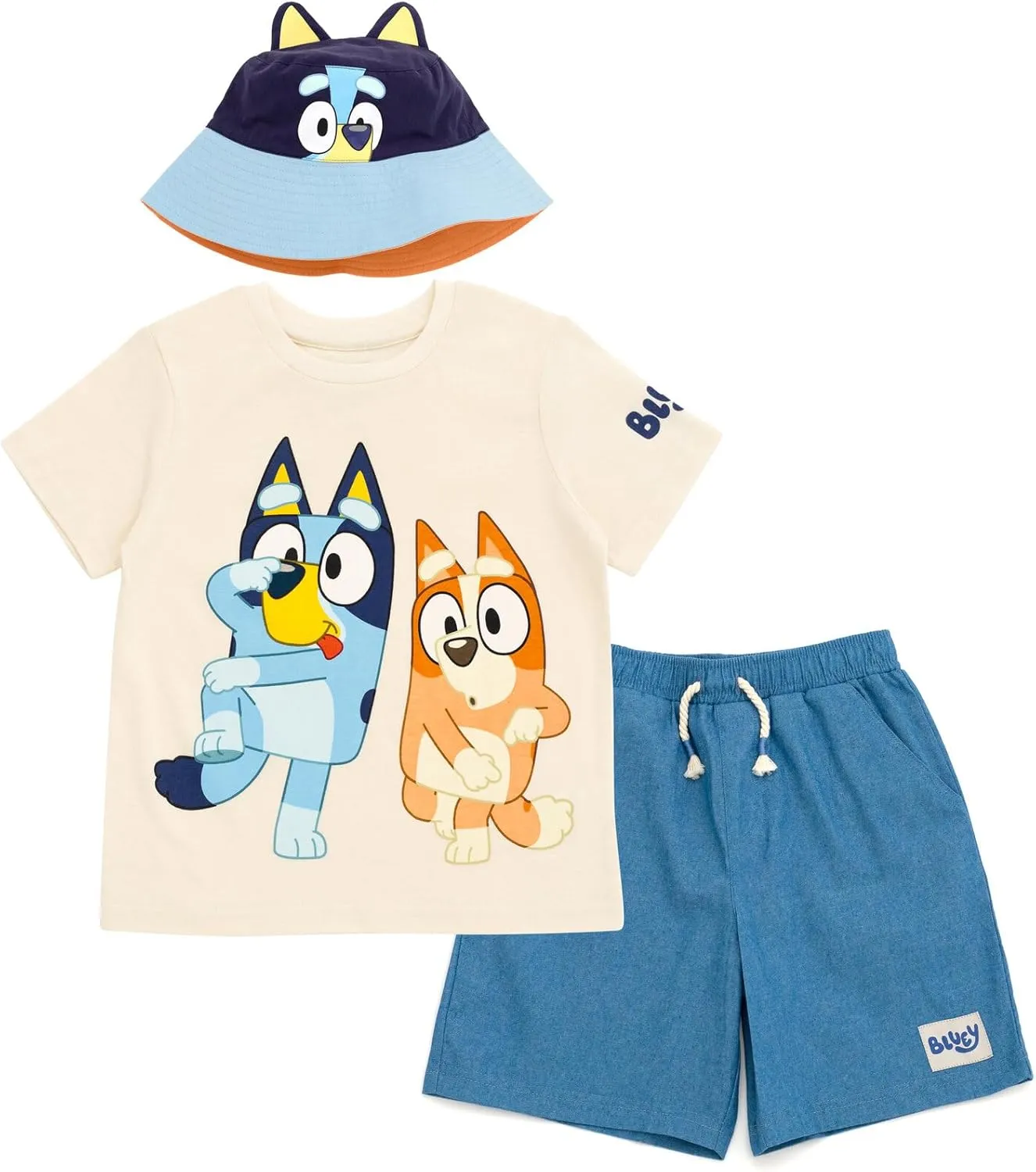 Bluey T-Shirt Chambray Shorts and Twill Bucket Sun Hat 3 Piece Outfit Set Toddler to Big Kid