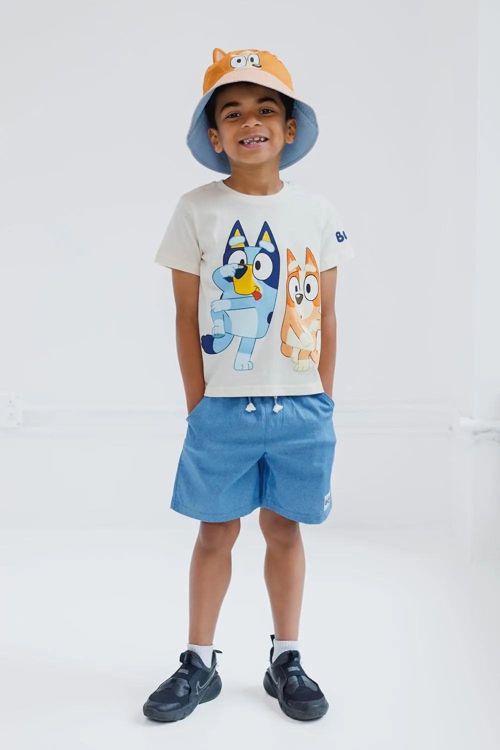 Bluey T-Shirt Chambray Shorts and Twill Bucket Sun Hat 3 Piece Outfit Set Toddler to Big Kid