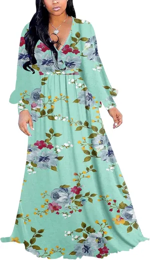 BOGURST Plus Size Maxi Dress for Women Chiffon Deep V-Neck Printed Loose Summer Beach Dresses