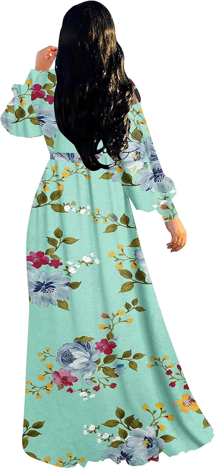 BOGURST Plus Size Maxi Dress for Women Chiffon Deep V-Neck Printed Loose Summer Beach Dresses