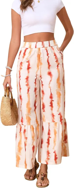 Boho Palazzo Pants for Women Wide Leg Lounge Beach Summer Trousers Elastic Waist with Pockets Pants Yellow Stripes XXL