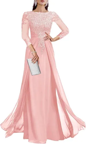 BOLENSYE Lace Appliques Mother of The Bride Dresses 3/4 Sleeve A Line Chiffon Formal Evening Gowns for Women