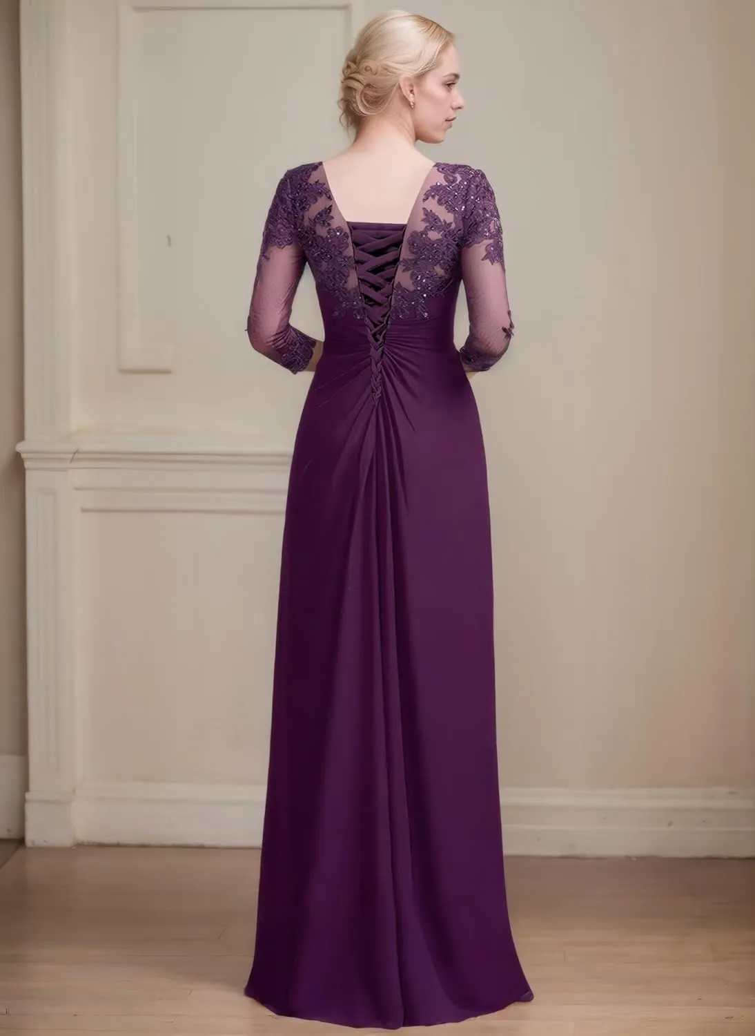 BOLENSYE Lace Appliques Mother of The Bride Dresses 3/4 Sleeve A Line Chiffon Formal Evening Gowns for Women