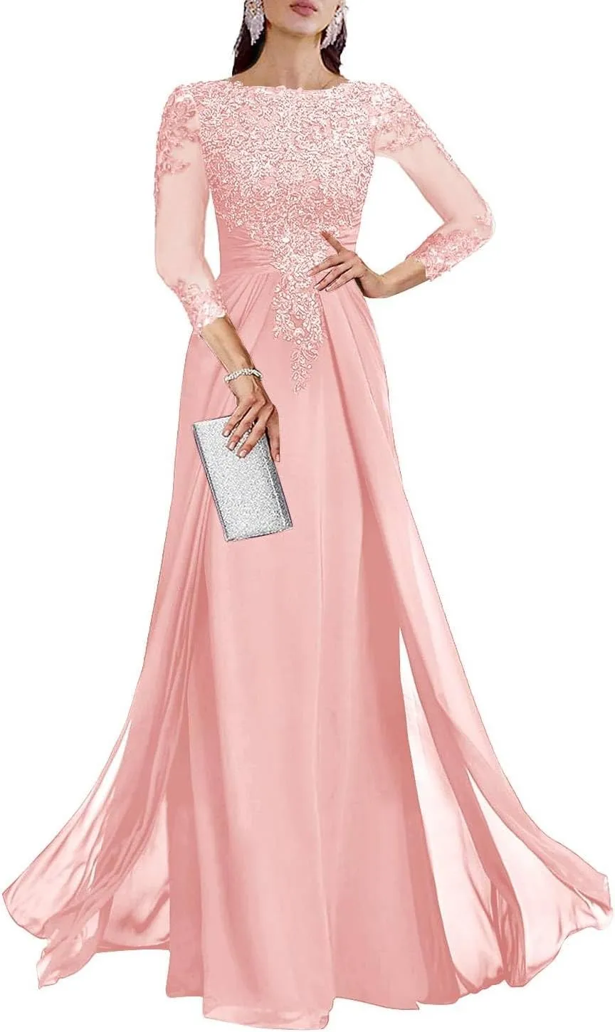 BOLENSYE Lace Appliques Mother of The Bride Dresses 3/4 Sleeve A Line Chiffon Formal Evening Gowns for Women