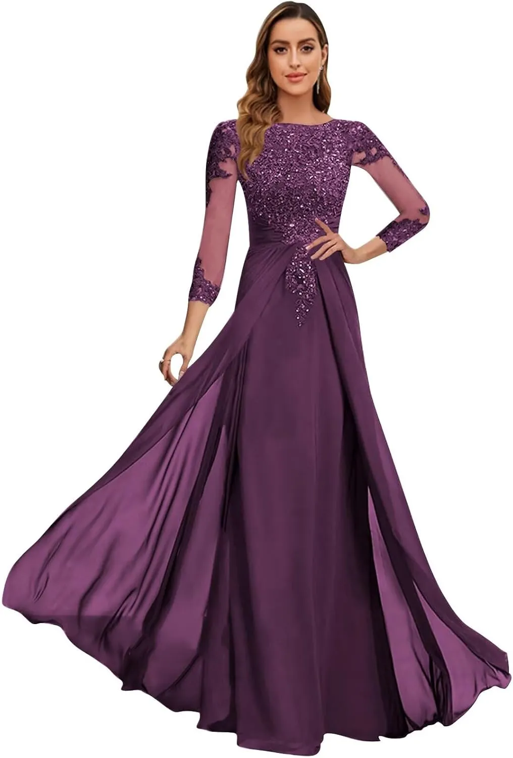 BOLENSYE Lace Appliques Mother of The Bride Dresses 3/4 Sleeve A Line Chiffon Formal Evening Gowns for Women