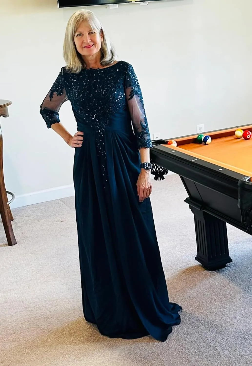 BOLENSYE Lace Appliques Mother of The Bride Dresses 3/4 Sleeve A Line Chiffon Formal Evening Gowns for Women
