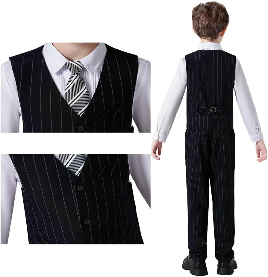 Boys 4 Pieces Suits Slim Fit Kids Outfits Vest Pants Sets Black Blue Formal Dresswear for Boy