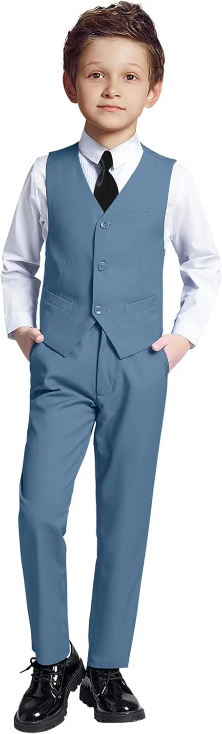 Boys 4 Pieces Suits Slim Fit Kids Outfits Vest Pants Sets Black Blue Formal Dresswear for Boy