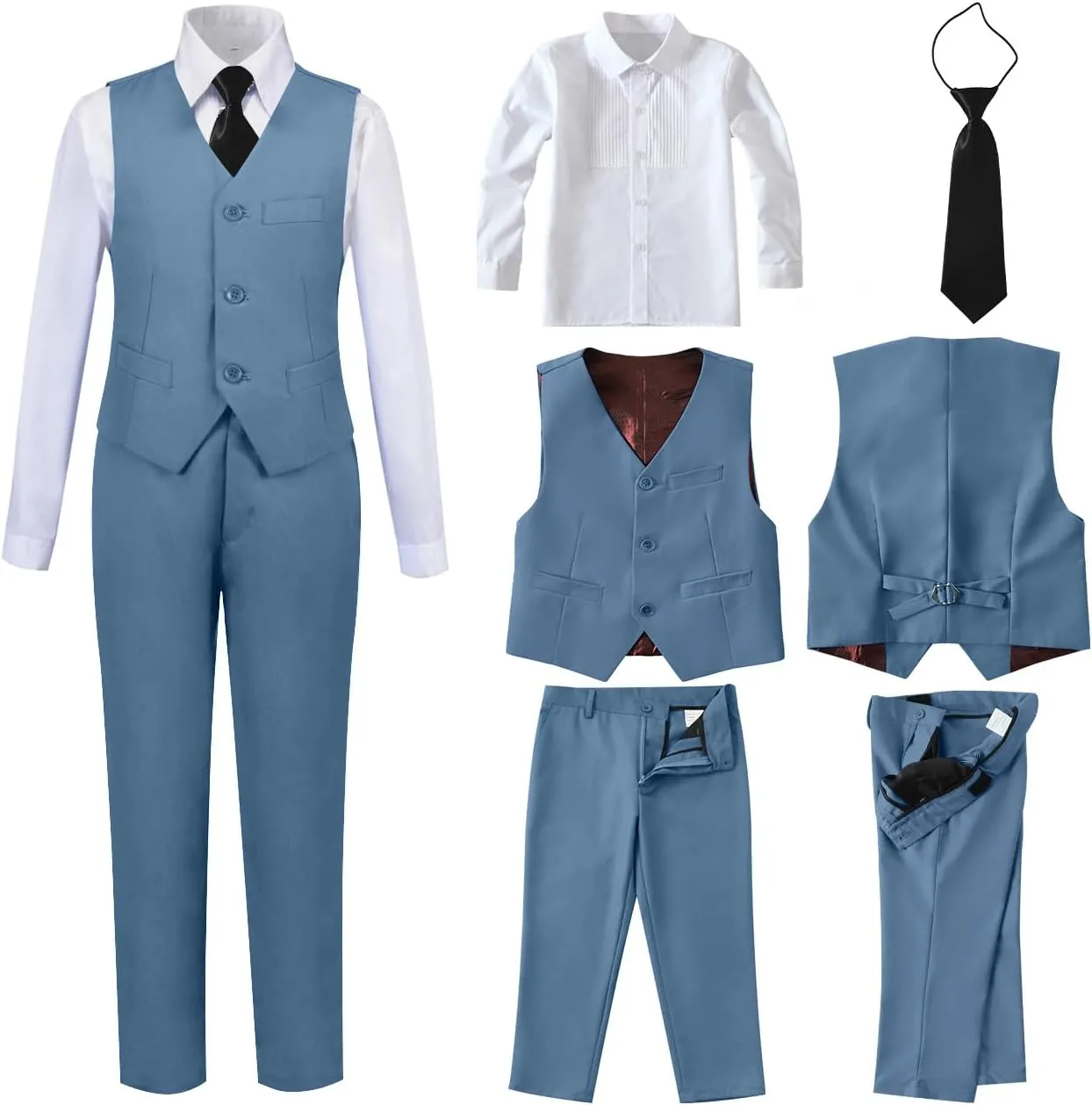 Boys 4 Pieces Suits Slim Fit Kids Outfits Vest Pants Sets Black Blue Formal Dresswear for Boy
