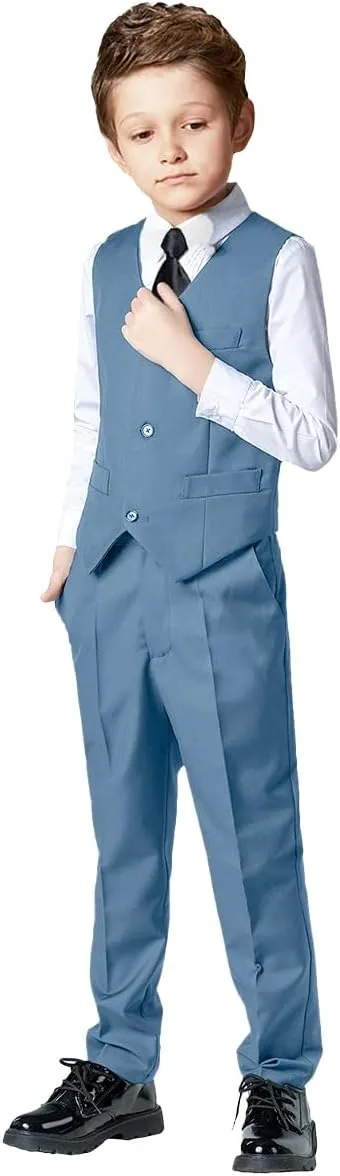 Boys 4 Pieces Suits Slim Fit Kids Outfits Vest Pants Sets Black Blue Formal Dresswear for Boy