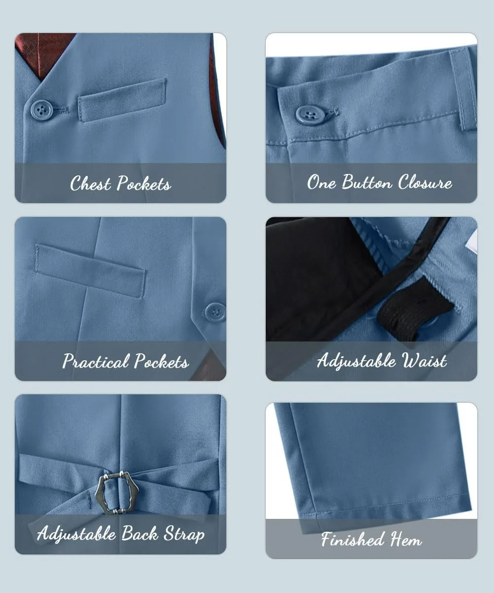 Boys 4 Pieces Suits Slim Fit Kids Outfits Vest Pants Sets Black Blue Formal Dresswear for Boy