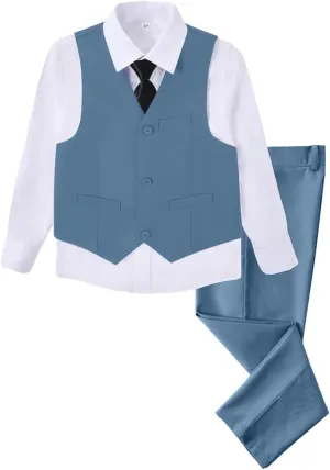 Boys 4 Pieces Suits Slim Fit Kids Outfits Vest Pants Sets Black Blue Formal Dresswear for Boy