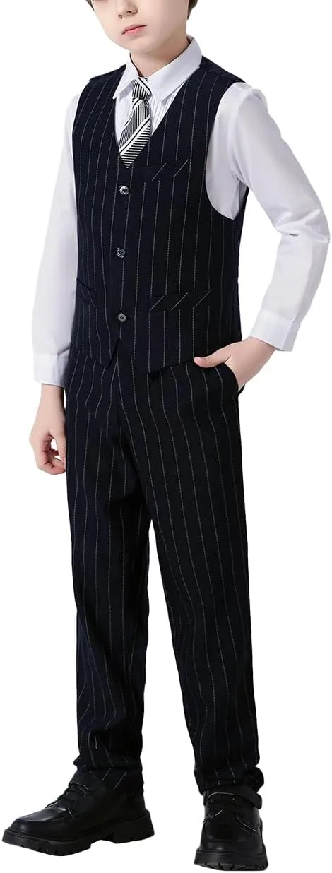 Boys 4 Pieces Suits Slim Fit Kids Outfits Vest Pants Sets Black Blue Formal Dresswear for Boy