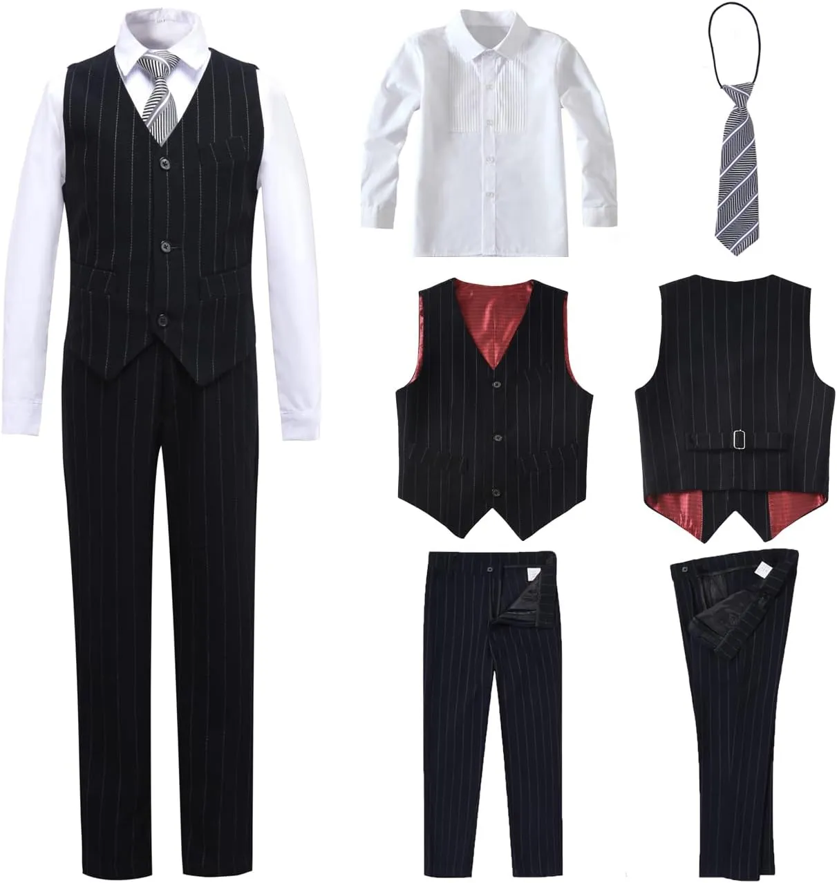 Boys 4 Pieces Suits Slim Fit Kids Outfits Vest Pants Sets Black Blue Formal Dresswear for Boy
