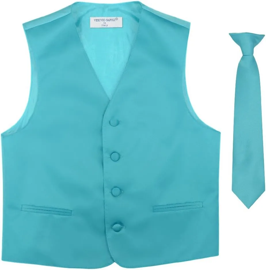 BOY'S Dress Vest & NeckTie Solid TURQUOISE AQUA BLUE Color Neck Tie Set