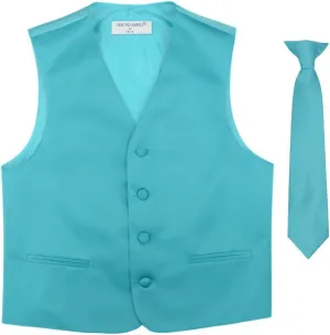 BOY'S Dress Vest & NeckTie Solid TURQUOISE AQUA BLUE Color Neck Tie Set
