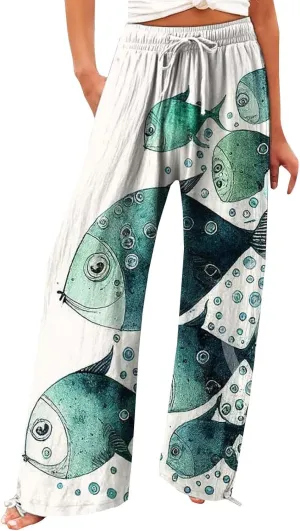 Business Casual Plus Size Women and Linen Casual Pants Casual Wide Leg Trousers with Pockets (Green, L)