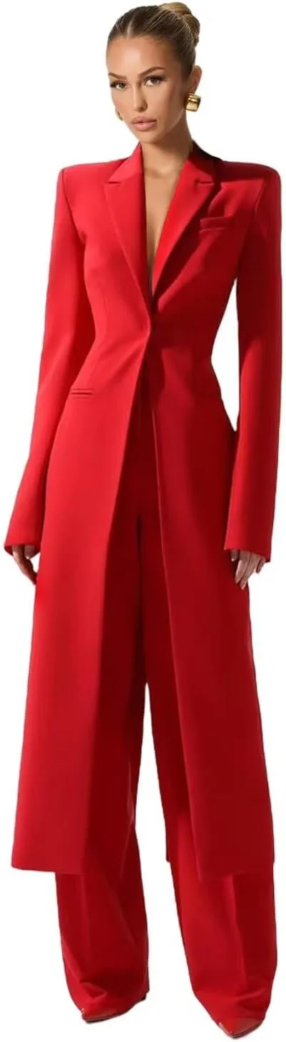 Business Women's Suit Luxury Office Work Tuxedos Street Shot 2 Pieces Long Blazer Pants Slim Fit Jacket Trousers