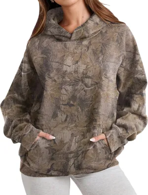Camo Hoodie for Men Women Oversized Fleece Maple Leaf Hooded Sweatshirt Graphic Print Pullover Hoodies with Pocket