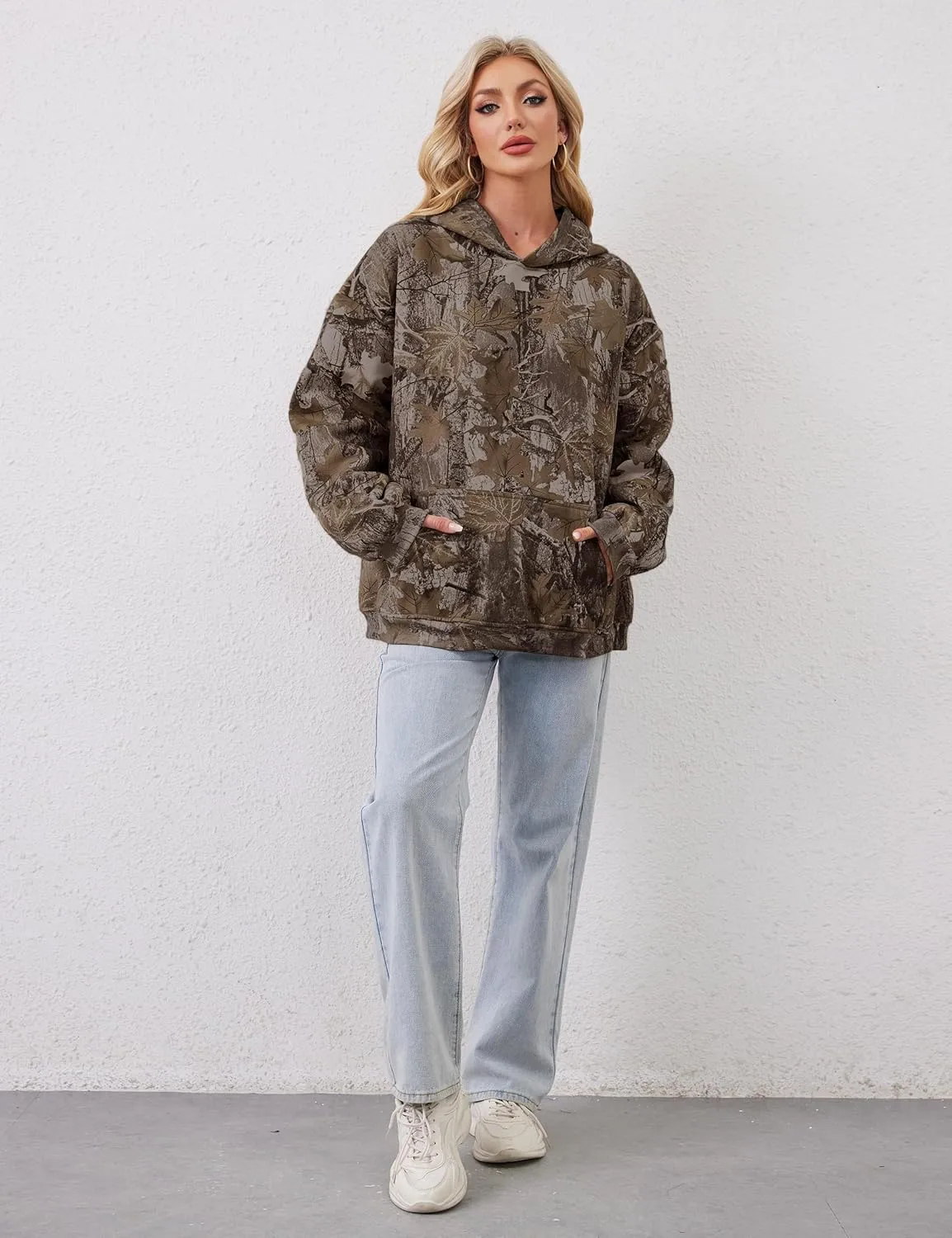 Camo Hoodie for Men Women Oversized Fleece Maple Leaf Hooded Sweatshirt Graphic Print Pullover Hoodies with Pocket