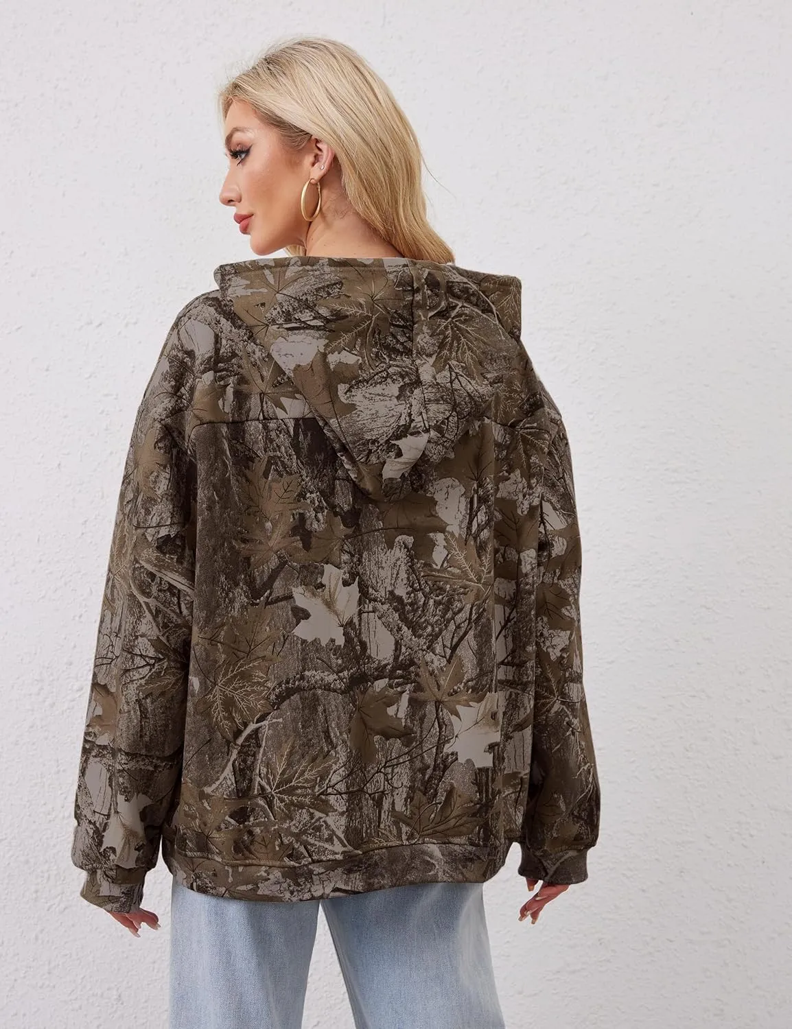 Camo Hoodie for Men Women Oversized Fleece Maple Leaf Hooded Sweatshirt Graphic Print Pullover Hoodies with Pocket