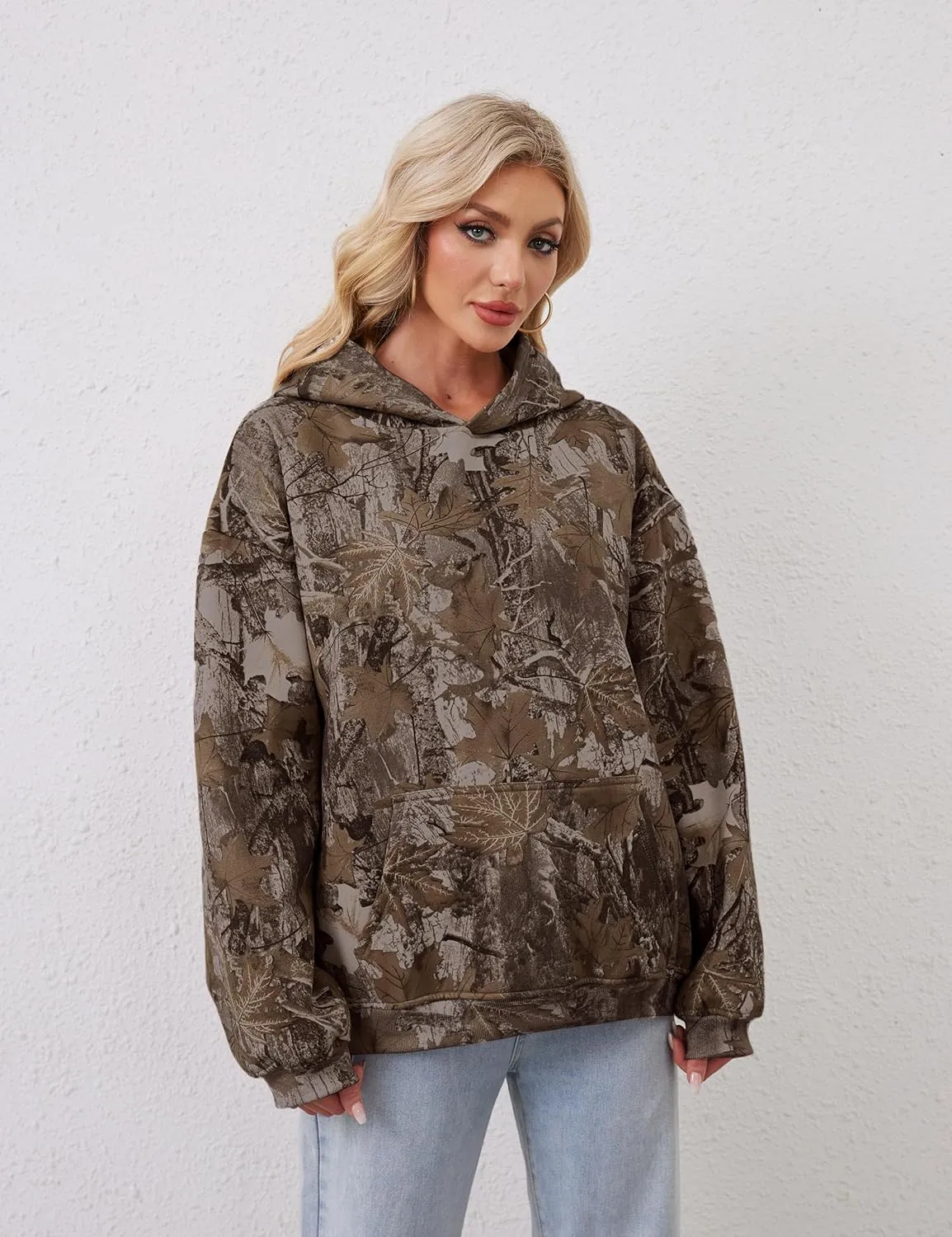 Camo Hoodie for Men Women Oversized Fleece Maple Leaf Hooded Sweatshirt Graphic Print Pullover Hoodies with Pocket