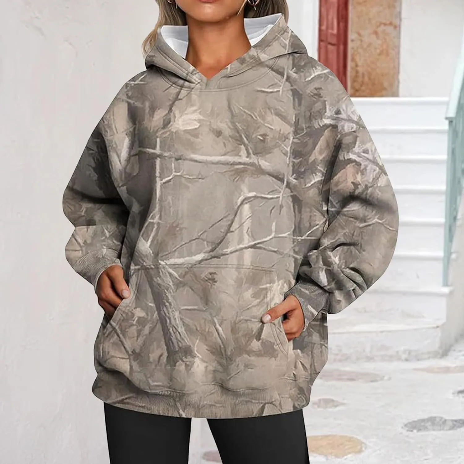 Camo Hoodie Womens Maple Leaf Print Oversized Hooded Sweatshirt Fleece Sweatshirts Casual Long Sleeve Pullover 2024