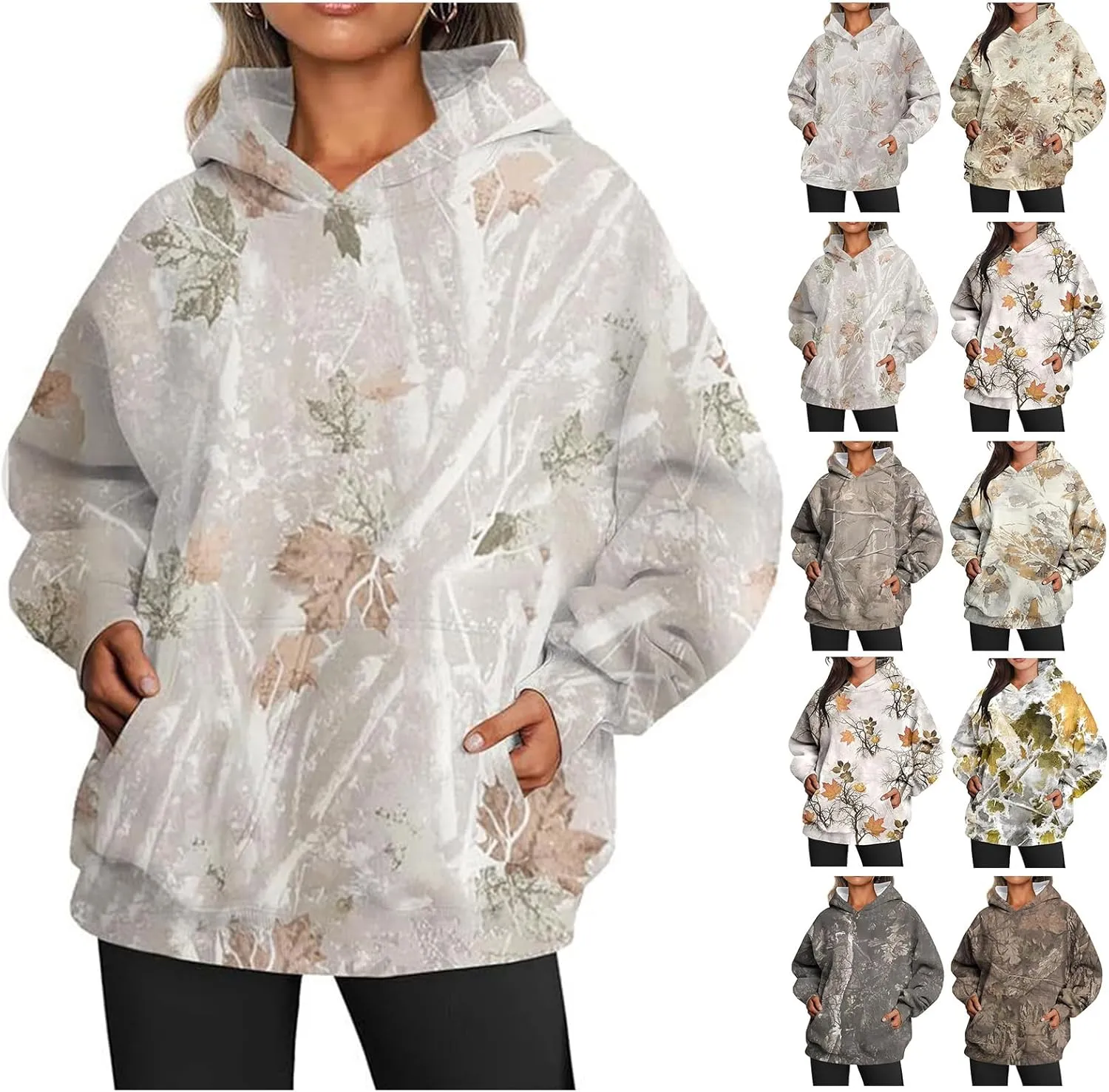 Camo Hoodie Womens Maple Leaf Print Oversized Hooded Sweatshirt Fleece Sweatshirts Casual Long Sleeve Pullover 2024