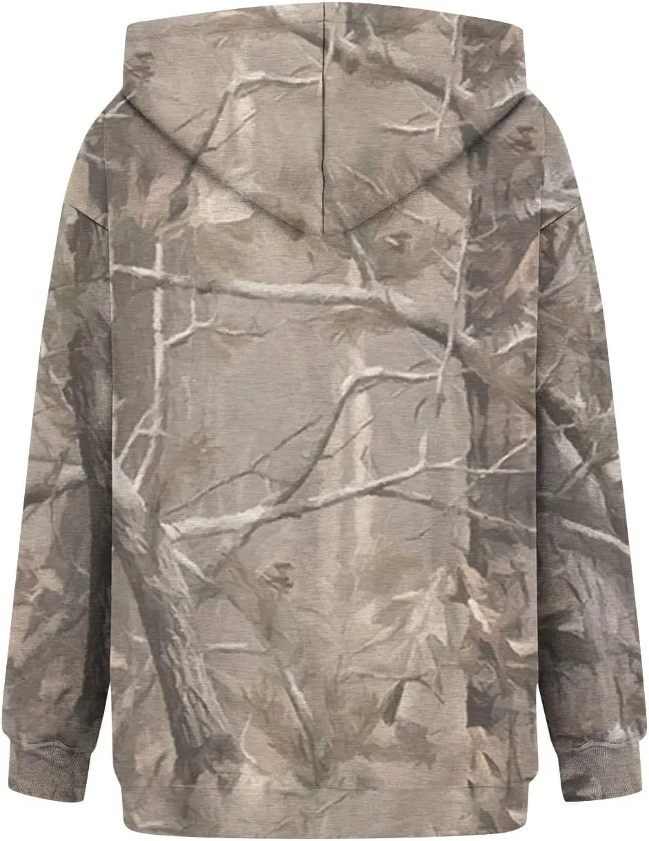 Camo Hoodie Womens Maple Leaf Print Oversized Hooded Sweatshirt Fleece Sweatshirts Casual Long Sleeve Pullover 2024