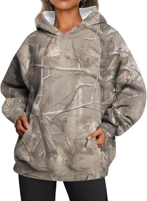Camo Hoodie Womens Maple Leaf Print Oversized Hooded Sweatshirt Fleece Sweatshirts Casual Long Sleeve Pullover 2024