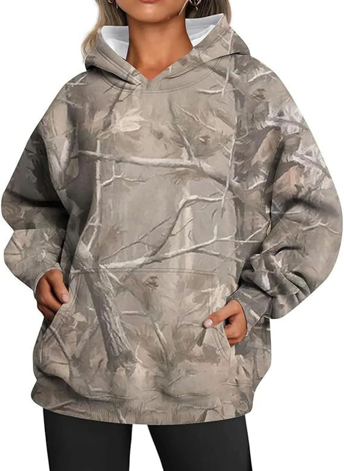 Camo Hoodie Womens Maple Leaf Print Oversized Hooded Sweatshirt Fleece Sweatshirts Casual Long Sleeve Pullover 2024