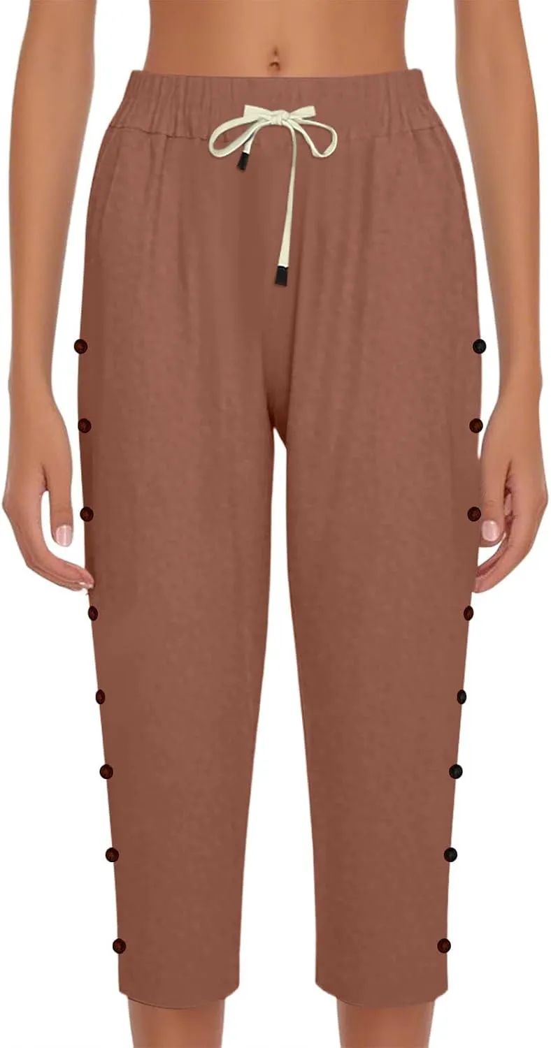 Capri Linen Pants Women Casual Summer Drawstring Elastic High Waist Linen Pant Straight Wide Leg Cropped
