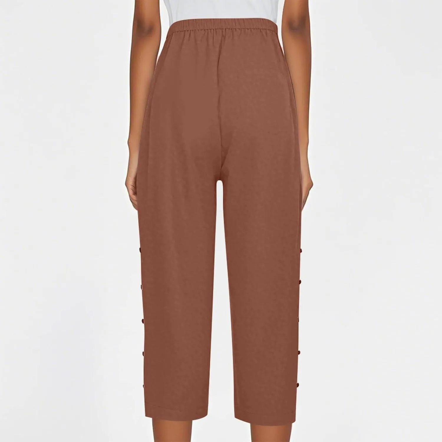 Capri Linen Pants Women Casual Summer Drawstring Elastic High Waist Linen Pant Straight Wide Leg Cropped